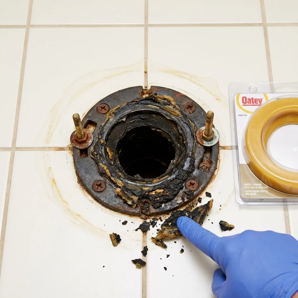 Failed wax ring showing water seepage at the base of a toilet in a Floydada, TX home
