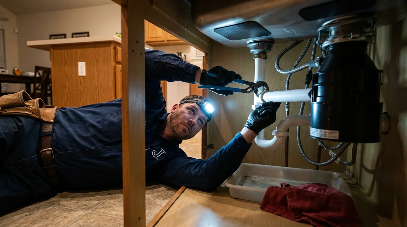 P-trap and supply line connections under a kitchen sink showing a common leak point in Floydada, TX